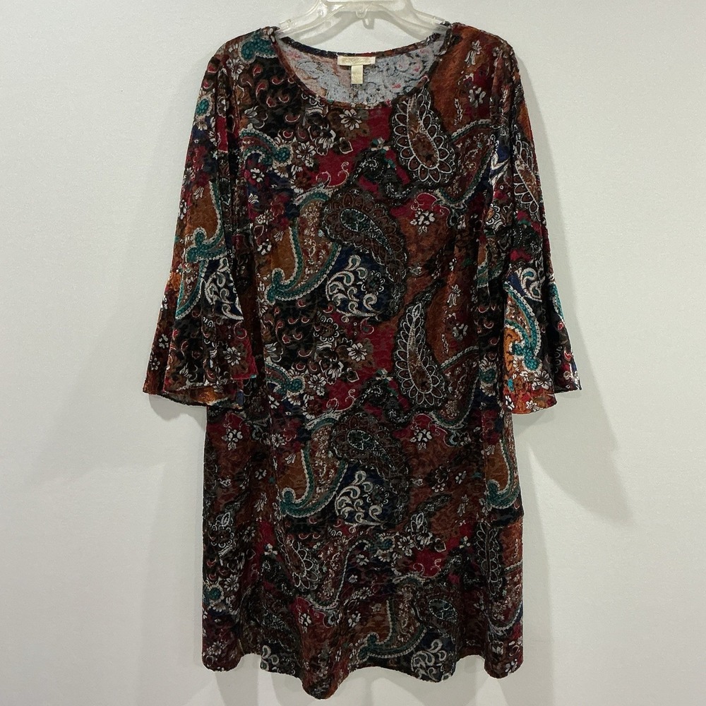 Prelude Women's‎ Scoop Neck Bell Sleeve Velvet Dress 2X Paisley Fairy Floral